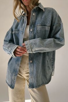 kinda oversized, this denim jacket will take your fall outfit ideas to the next level. it’s the perfect medium-weight jacket to layer over sweaters + tees all season long. Medium Wash Button-up Outerwear For Day Out, Button-up Medium Wash Outerwear For Day Out, Everyday Medium Wash Shacket For Fall, Everyday Medium Wash Fall Shacket, Trendy Light Wash Shacket For Everyday, Trendy Light Wash Denim Dress For Fall, Medium Wash Washed Button-up Denim Jacket, Light Wash Collared Denim Jacket For Everyday, Trendy Light Wash Everyday Shacket