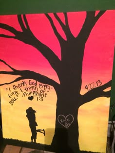 a painting of a person holding a hammer in front of a tree with words written on it