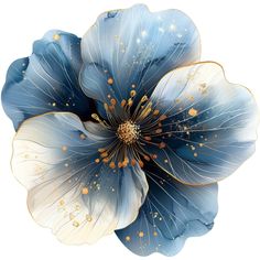 a blue flower with gold stamens on it's center and petals in the middle