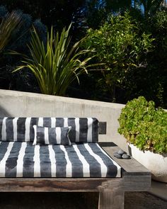 a black and white striped couch sitting on top of a wooden bench next to potted plants