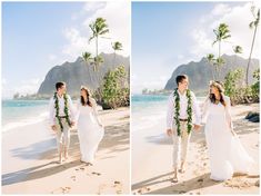 a bride and groom walking on the beach in front of palm trees with leis around their necks