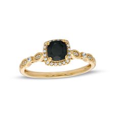 A dainty look with vintage-inspired detail, this gemstone and diamond engagement ring appeals to her feminine taste. Crafted in warm 10K gold, this design showcases a 5.0mm cushion-cut rich black sapphire surrounded by a frame of shimmering diamonds. Along the Art Deco-style shank, single diamonds glisten between pairs of diamonds in milgrain-lined marquise shapes. Radiant with 1/10 ct. t.w. of diamonds and a bright polished shine, this engagement ring is a wonderful choice for your beloved. Elegant Sapphire Ring With Rose Cut Diamonds For Proposal, Elegant Proposal Birthstone Ring With Rose Cut Diamonds, Elegant 14k Gold Cushion Cut Sapphire Ring, Elegant Rose Cut Diamond Birthstone Ring, Elegant Birthstone Ring With Halo Setting For Anniversary, Elegant Birthstone Ring With Rose Cut Diamonds, Elegant Yellow Gold Birthstone Ring With Accent Stones, Elegant Rose Cut Diamond Birthstone Ring For Formal Occasions, Elegant Birthstone Ring With Halo Setting