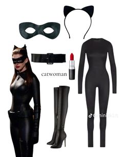 a woman in black catsuits and catwoman mask next to a lipstick tube