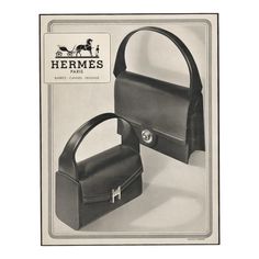 This is an original vintage Mid-Century French advertisement print for prestigious ladies’ handbags under the iconic Hermés label. It is from 1949 and originally appeared in a French periodical. This is NOT a recent reproduction. The image features 2 purses which are handsome and iconic in classic Hermés style. The handbags are highly recognizable and highly collectible. Perfect for today's fashionista or Hermés collector.  This vintage advertisement has become increasingly more difficult to fin Illustration Collage, Hermes Style, French Vogue, Vogue France, Vogue Uk, Purse Brands, Vintage Hermes, Hermes Handbags, Vintage Advertisement