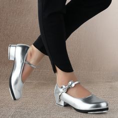 Women's Silver Leatherette 3.5cm Heel Tap Shoes Dance Shoes Silver Spring Dance Shoes With Low Heel, Silver Round Toe Ballet Flats For Evening, Party Mary Janes With Round Toe And Medium Width, Party Mary Janes With Round Toe, Low Heel Dance Shoes With Heel Strap, Silver Closed Toe Ballet Flats For Formal Occasions, Formal Spring Dance Shoes With Round Toe, Medium Width Closed Toe Dance Shoes For Spring, Evening Mary Janes With Round Toe