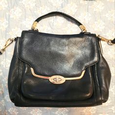 Black Vintage Coach The Handle Has Some Dryness To It As On Pictures. The Strap Has A Little Scratch. No Tearing The Inside Is Clean And Navy Blue Around 10in By 8 In Vintage Coach, Coach Purses, Coach Bags, Navy Blue, Bag Lady, Navy, Blue, Women Shopping, Gold