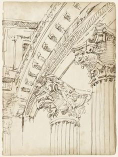 an architectural drawing of a building with columns and arches in the center, looking up at the ceiling