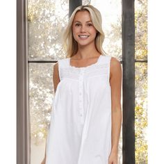 These white cotton nightgowns for women from Alexander Del Rossa is comfortable, durable, and classy. Made from a premium 100% cotton fabric, these women's vintage looking sleeveless nightgowns for women soft cotton are breathable and easy on the skin. Designed with you in mind, this victorian nightgown is perfect for lounging around the house - even when guests are present. Lace trimmed shoulder straps, wide cotton lace trim on front panel above pintucks and gathered front. Narrow front placket Classic Cotton Summer Sleepwear, Classic White Cotton Sleepwear, Classic Cotton Nightgown For Sleep, White Sleeveless Nightgown For Bedtime, White Sleeveless Sleepwear For Home, White Sleeveless Sleepwear, Sleeveless Cotton Nightgown For Bedtime, Sleeveless Cotton Nightgown With Lace Trim, Cotton Sleeveless Sleepwear For Home