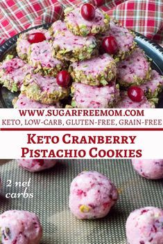 keto cranberry pistachio cookies are stacked on top of each other