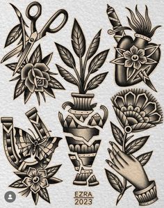 an old school tattoo design with flowers, scissors and vases on white paper background