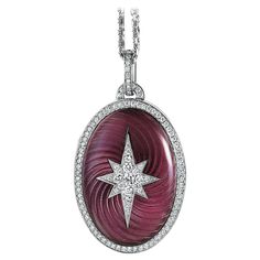 Victor Mayer oval locket pendant necklace 18k white gold, Brilliant Star Collection, translucent pink vitreous enamel, guilloche, 108 diamonds, total 1.39 ct, G VS, measurements app. 35.8 mm x 23.8 mm About the creator Victor Mayer Victor Mayer is internationally renowned for elegant timeless designs and unrivalled expertise in historic craftsmanship. Lovers of the extraordinary appreciate the beauty of Victor Mayer's designs, which use extremely rare techniques such as genuine enamel or elabora Art Deco Pendant Necklace, Enamel Locket, Vitreous Enamel, Oval Locket, Locket Pendant Necklace, Pink Enamel, Yellow Gold Pendants, Enamel Jewelry, 00 00