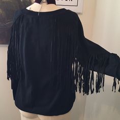 Never Worn Sweatshirt With Back And Sleeve Fringe! (Not From Nasty Gal) Frindge Sweater, Fringe Sweatshirt, Black Leather Fringe Outerwear, Black Fringe Long Sleeve Cardigan, Brown Long-sleeve Fringe Outerwear, Black Fringe, Tops Black, Sweatshirts Hoodie, Womens Tops