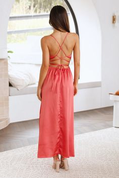 Length from shoulder to hem of size S: 132cm. Maxi dress. Lined bust. Cold hand wash only. Model is a standard XS and is wearing size XS. True to size. Lightweight, non-stretchy satin fabric. Inbuilt bust cups. Tie-up back detail. Invisible back zipper. Polyester. Make A Bed Of Roses with all of the gorg moments in your life, and we have the perf maxi that'll stay by your side while you make those unforgettable moments. Featuring a padded bust, a cowl neckline, an open back and a dramatic side slit.Style yours with mules and gold jewellery. Summer Satin Dress With Ruched Detail, Summer Ruched Satin Dress, Fitted Satin Dresses For Vacation, Pink Ruched Satin Dress For Summer, Pink Backless Satin Dress For Summer, Spring Backless Satin Finish Maxi Dress, Spring Satin Finish Backless Maxi Dress, Backless Maxi Dress With Satin Finish For Spring, Backless Satin Finish Maxi Dress For Spring