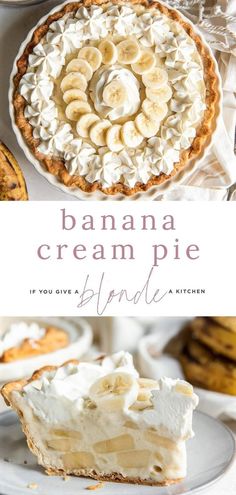 a banana cream pie on a plate with the words, if you give a bite to it