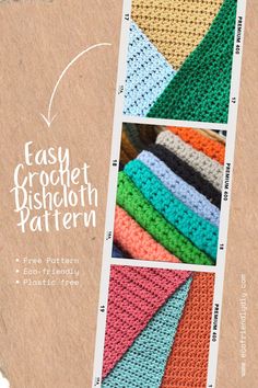 crochet dishcloth pattern in four different colors and sizes, with instructions to make them