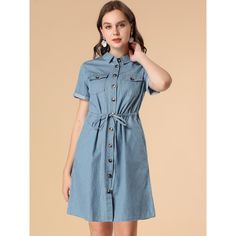 The Chambray dress livens up your summer look. The comfortable denim shirt dress gives you a casual look. The Allegra K denim shirt dress is comfortable and it is suitable for summer. It features a pointed collar, a drawstring waist, and four practical pockets. This Allegra K dress will become a casual favorite. Perfect for casual, party, beach, club, daily, and summer wear. This dress is suitable for many occasions, such as Travelling, Vacation, Shopping, etc. Button Down Denim Dress, Denim Dress Summer, Above The Knee Dress, Stitching Dresses, Denim Dresses, Summer Denim, Suede Dress, Dresses Blue, Denim Shirt Dress