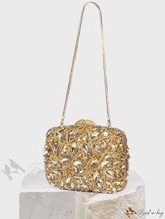 Bird in Bag - Gold Tone Womens Diamond-Accented Evening Clutch Bag with Metal Detail Gold Box Bag For Evening With Dust Bag, Glamorous Formal Bag With Gold-tone Hardware, Gold Rectangular Bags For Formal Occasions, Glamorous Formal Bags With Gold-tone Hardware, Gold Evening Pouch Shoulder Bag, Gold Evening Shoulder Pouch, Rectangular Event Bag With Removable Pouch, Gold Shoulder Bag With Detachable Handle For Event, Gold Top Handle Bag For Events