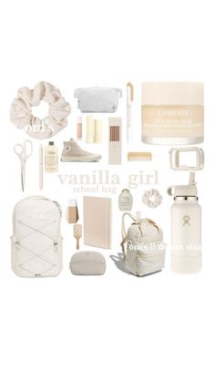 . Vanilla Girl School Essentials, Vanilla School Aesthetic, That Girl School Bag, Vanilla School Supplies, Clean Girl School Bag, Beige School Supplies, Beige School Aesthetic, Vanilla Girl Backpack, Clean Girl School Supplies