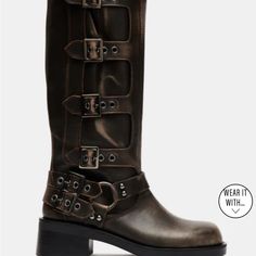 Steve Madden Buckle Boots Steampunk Boots With Rivets For Fall, Designer Moto Boots With Buckle Closure For Fall, Steampunk Leather Boots For Fall, Brown Steampunk Boots For Fall, Steampunk Brown Boots For Fall, Designer Moto Boots With Leather Sole For Fall, Steve Madden Boots, Buckle Boots, Distressed Leather