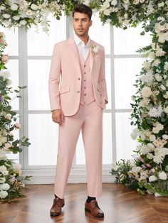 Baby Pink Party Collar Long Sleeve  Plain  Embellished Non-Stretch  Men Suits & Separates Pink Vest Outfit Men, Pastel Pink Suit Mens, Pink Suit Groom, Light Pink Wedding Suit, Pink Groomsmen Suits, Pink Wedding Suits For Men, Pink Suit Men Wedding, Pastel Suits For Men