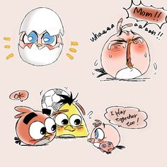 three cartoon characters with different expressions on their faces, one is angry and the other has an egg