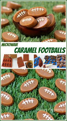 an image of caramel footballs on grass with text overlay that reads microwave caramel footballs