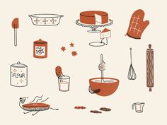 an assortment of food items are shown in this hand - drawn illustration, including cake, ice cream, and cookies