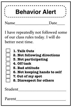 a printable behavior alert form with instructions for students to use it in their classroom