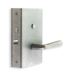 an open door with a metal handle on the front and side of it is shown