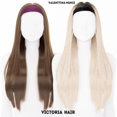 two wigs with long, straight hair on top of each other in front of a mannequin's head