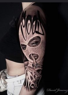 a woman's arm with a mask on it and words written in black ink