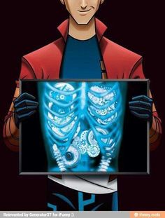 a man holding up an x - ray image in front of his chest