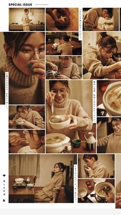 a collage of people eating food and drinking from bowls, cups, and spoons