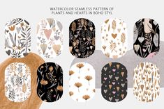 watercolor seamless pattern of plants and hearts in boho style