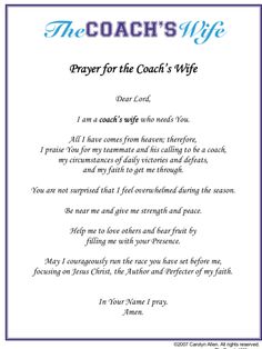 the coach's wife prayer card with an image of a coach's wife