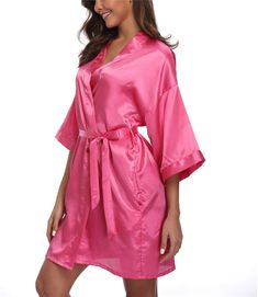 PRICES MAY VARY. Solid color satin robes for women with elegant oblique V-neck clear design. Made from quality satin fabric, lightweight, soft, comfy; Dear, you will feel like wearing an expensive silk robe. With 2 side pockets, belt loops and inside ties.Elegant yet sexy V neck short robes for women. Available in multiple colors and sizes, perfect for weddings, gifts, or everyday wear. Machine wash cold; Gentle cycle; Tumble dry low; Dry clean recommend. Women's Short Satin Kimono Robes Summer Pink Silk Robe, Loose Kimono, Summer Loungewear, Satin Robes, Wedding Robes, Weddings Gifts, Silky Robe, Robes For Women, Personalized Robe