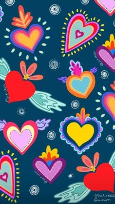 colorful hearts and wings on a blue background