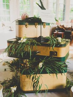 three suitcases are stacked on top of each other with plants growing out of them