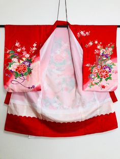 "welcome my shop the Japanese obi belt, kimono of vintage. One by one, it is made by handmade, there is only one design in the world. This is an original Japanese baby growing festival Kimono for girl. A shrine ritual to pray and pray that my child will grow up healthy and be happy forever. From parents to children, from children to grandchildren It is the heart of Japan that I want to cherish. It is cleaned and in very good vintage condition. Detail 👘 Very good Vintage condition Synthetic fibe Handmade White Kimono With Kimono Sleeves, Traditional Pink Kimono For Wedding, Red Vintage Kimono For Spring, Kimonos For Baby, Traditional Pink Wedding Kimono, Traditional Red Kimono For Tea Ceremony, Red Kimono Traditional Japanese, Japanese Kids Kimono, Vintage Red Cotton Kimono