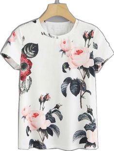 White Cotton T-shirt With Rose Print, White Printed T-shirt For Day Out, Trendy Floral Print T-shirt For Day Out, White Graphic Print Shirt For Day Out, White Floral Print Summer T-shirt, White Floral Print Crew Neck Top, Casual White Tops With Floral Print, Casual Rose Print Tops For Summer, White Cotton Top With Rose Print