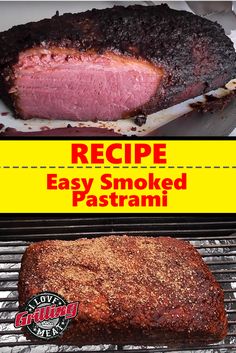 the recipe for easy smoked pastrami is shown in two separate images, one on top of the other