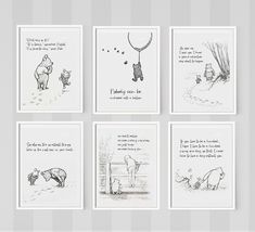 four winnie the pooh cards are shown in black and white, with illustrations on them