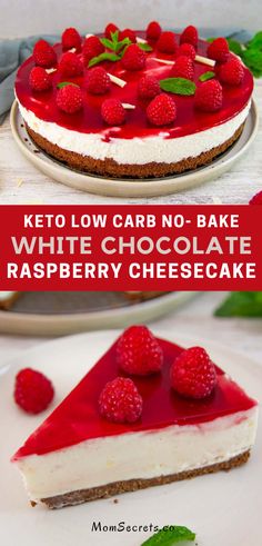 a white chocolate raspberry cheesecake on a plate