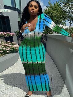 Tie-dye Thread Print Slim Sexy Dress Fitted Long Sleeve Tie Dye Dress, Fitted Tie Dye V-neck Dress, Tie Dye Fitted V-neck Dress, Tie-dye Fitted V-neck Dress, Womens Long Sleeve Dresses, Dresses One Piece, Luxury Club, Night Club Outfits, Y2k Dress