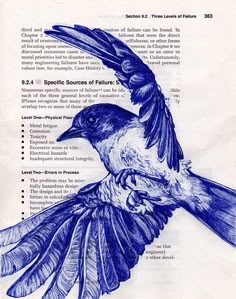 a drawing of a blue bird on top of a piece of paper with words written below it