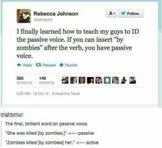 two tweets on twitter with one saying, i finally learned how to teach my guys to id the passive voice if you can insert