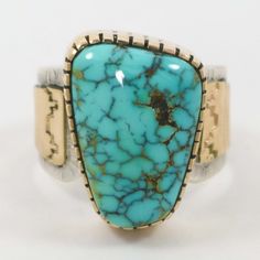 14k Gold and Sterling Silver Ring with Hand-Stamped Designs and set with Natural High Grade Lone Mountain Turquoise from Nevada. Ring Size: 8.5.5” Setting Width, .75” Setting Height.25” - .5” Band Width Zuni Jewelry, Concho Belt, Navajo Jewelry, Native Jewelry, Natural High, Turquoise Cuff, Sterling Silver Cuff Bracelet, Sterling Silver Cuff, Pendant Rings