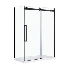 an image of a shower door with glass on the side and black trimmings