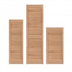 three wooden shutters are shown with the words available in wide range of sizes and width