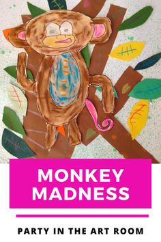 a monkey sitting on top of a tree with the words monkey madness party in the art room